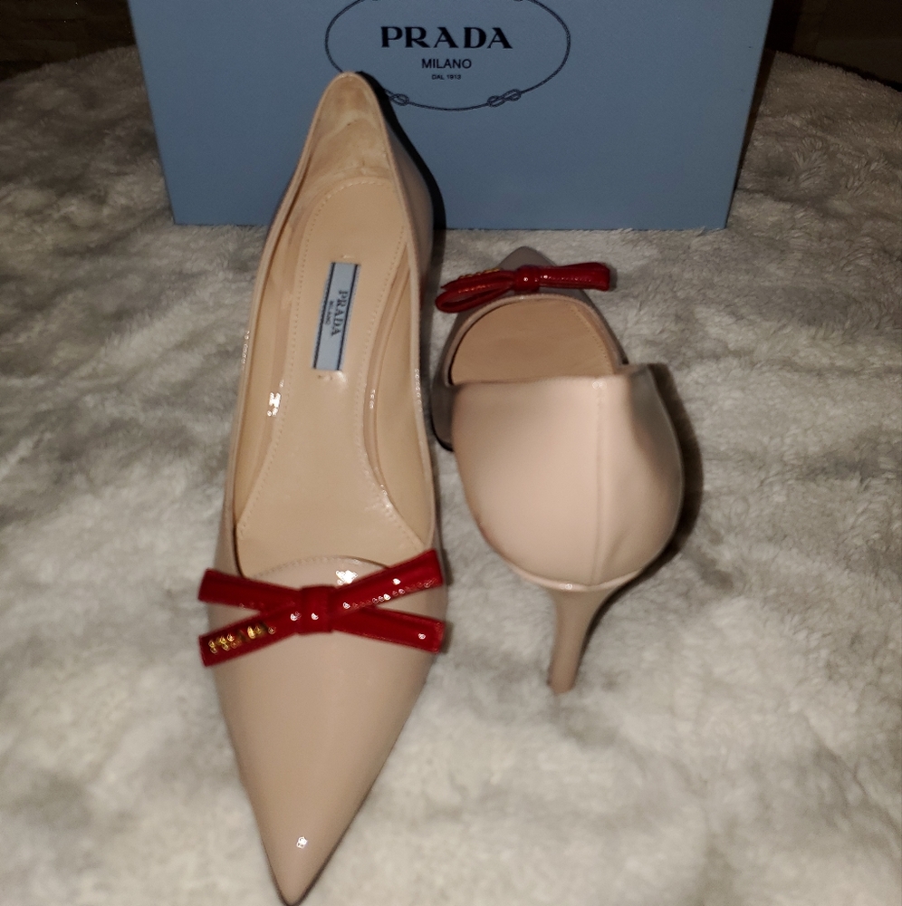 PRADA Red Bow Nude Beige Patent Leather Sling Back Pumps Heels Shoes Sz 38.5